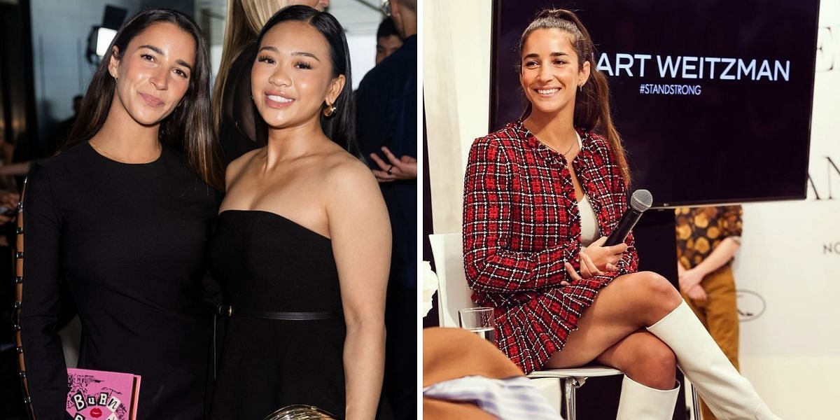 Aly Raisman and Suni Lee for Johnathan Simkhai show (Left), for Stuart Weitzman Stand Strong Series (Right). PHOTO: Getty (L) and Instagram/ @alyraisman (R)