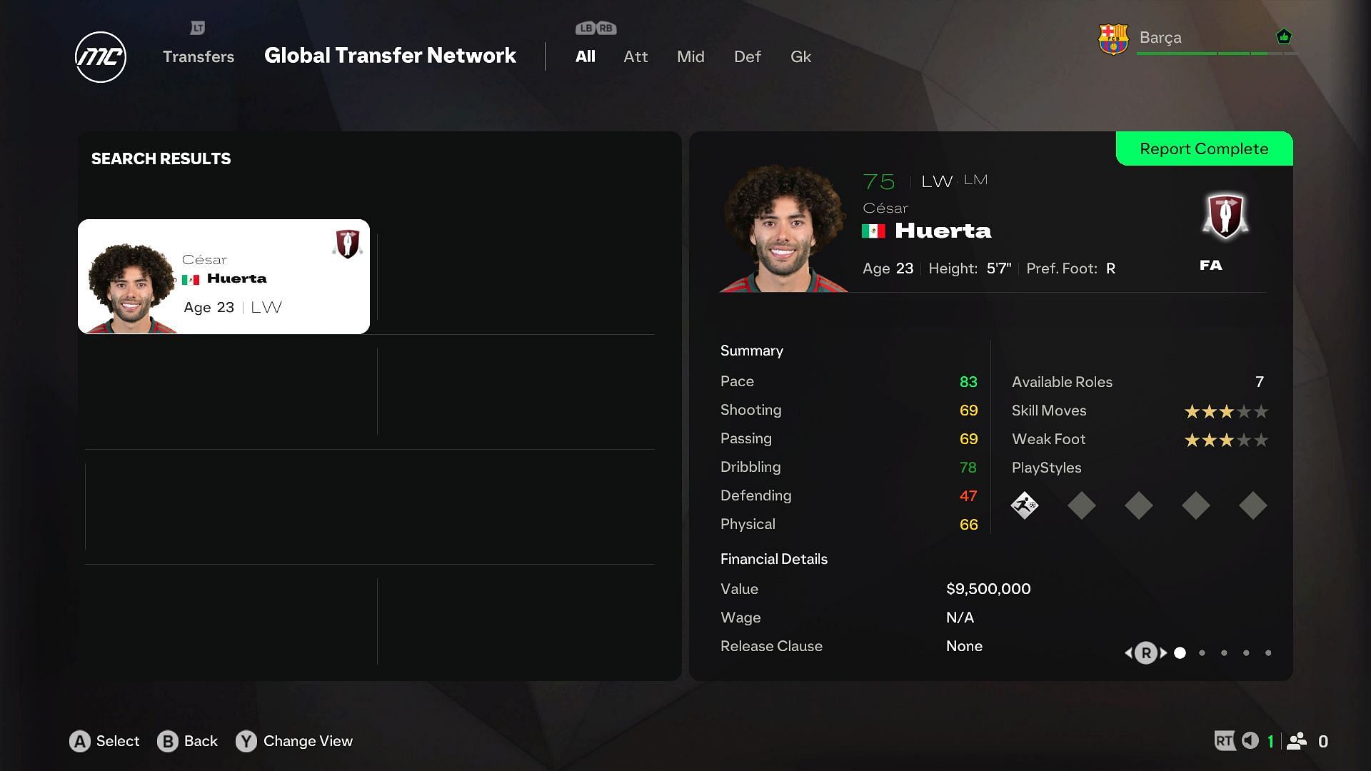 Huerta&#039;s player profile (Image via EA)