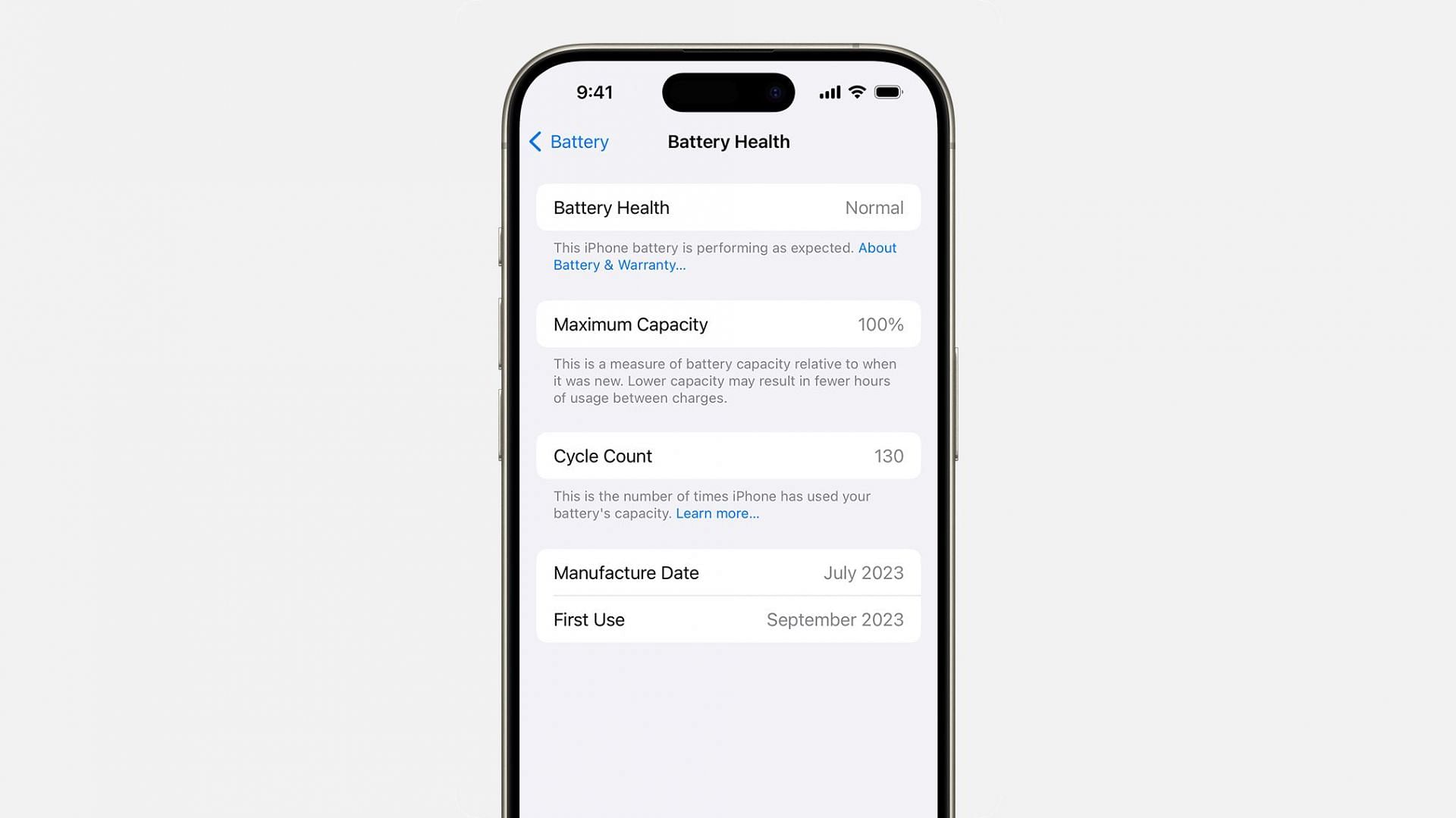 Battery health in iOS 18 with maximum capacity and charge cycles (Image via Apple)