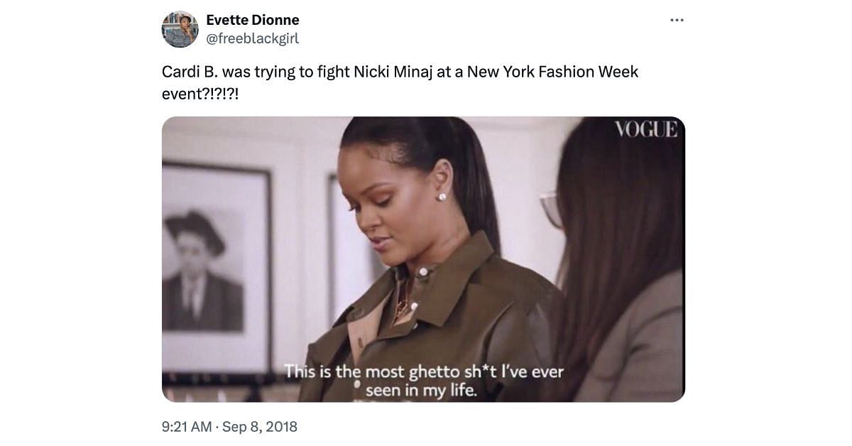 A fan reaction about Cardi B-Nicki Minaj beef at the NYFW week (Screenshot via X/@freeblackgirl)