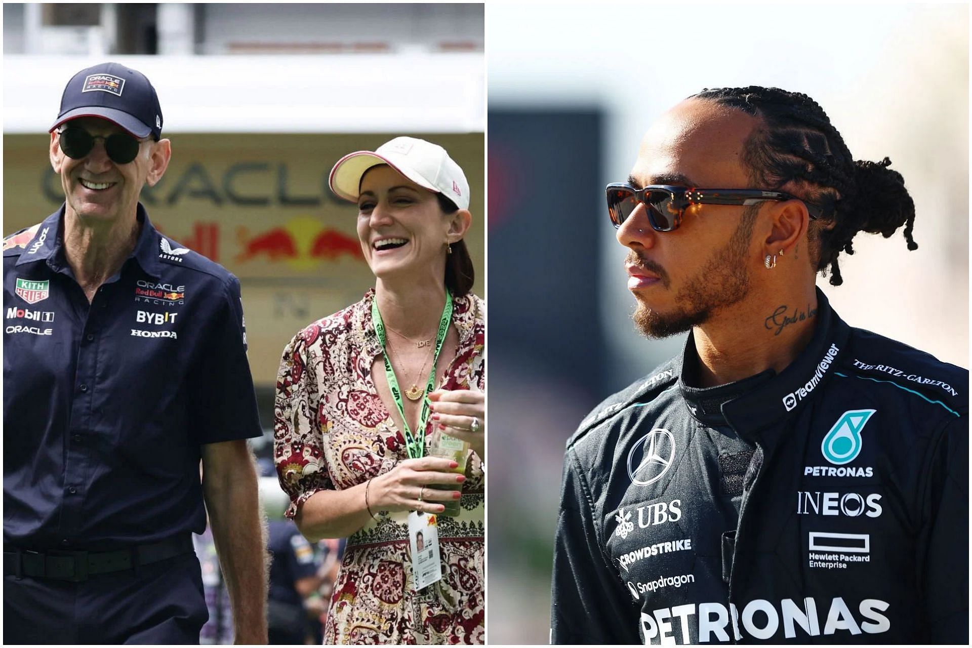 Adrian Newey (L), Amanda Newey (C) and Lewis Hamilton (R) (Images via Getty)