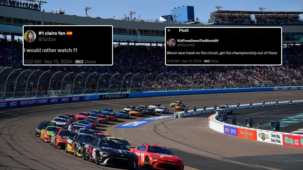 NASCAR fans react to a full sellout at Phoenix Raceway for the Championship 4 race in November(source: IMAGN/ @KidFromDownTheBlock69  - top right, @SziIlar - top left on X)