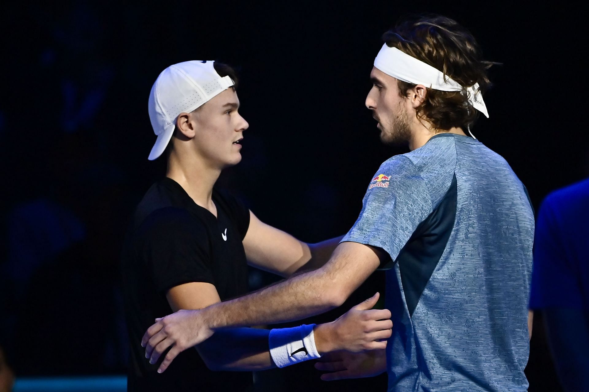 (L-R) Holger Rune and Stefanos Tsitsipas at the Nitto ATP Finals (Image: Getty)