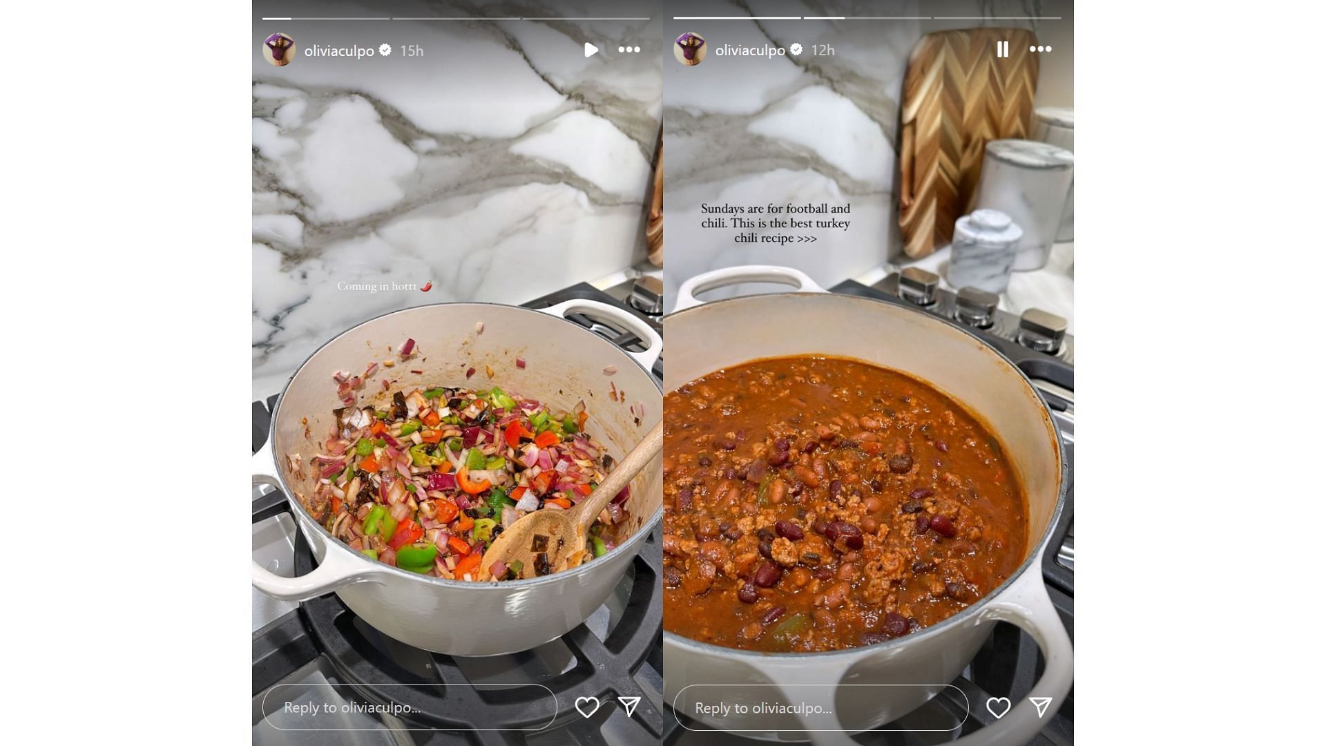 Christian McCaffrey's wife Olivia Culpo makes chilli for football Sunday [Image credit: @oliviaculpo IG]