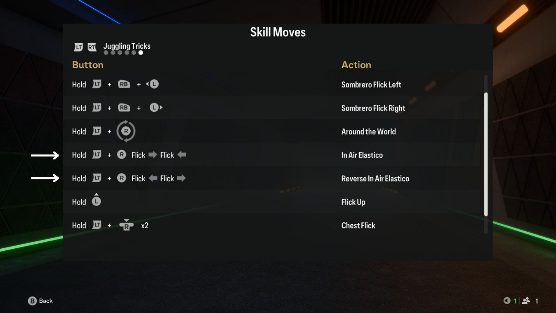 Button combinations to perform an In Air Elastico &amp; Reverse In Air Elastico (Image via EA Sports)