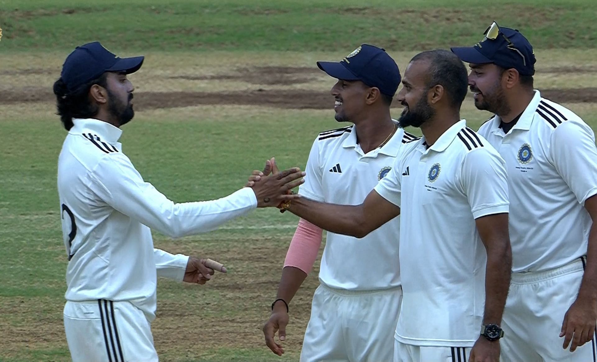 India A pacer Akash Deep celebrating with teammates after picking up a wicket. (Image: BCCIdomestic/X)