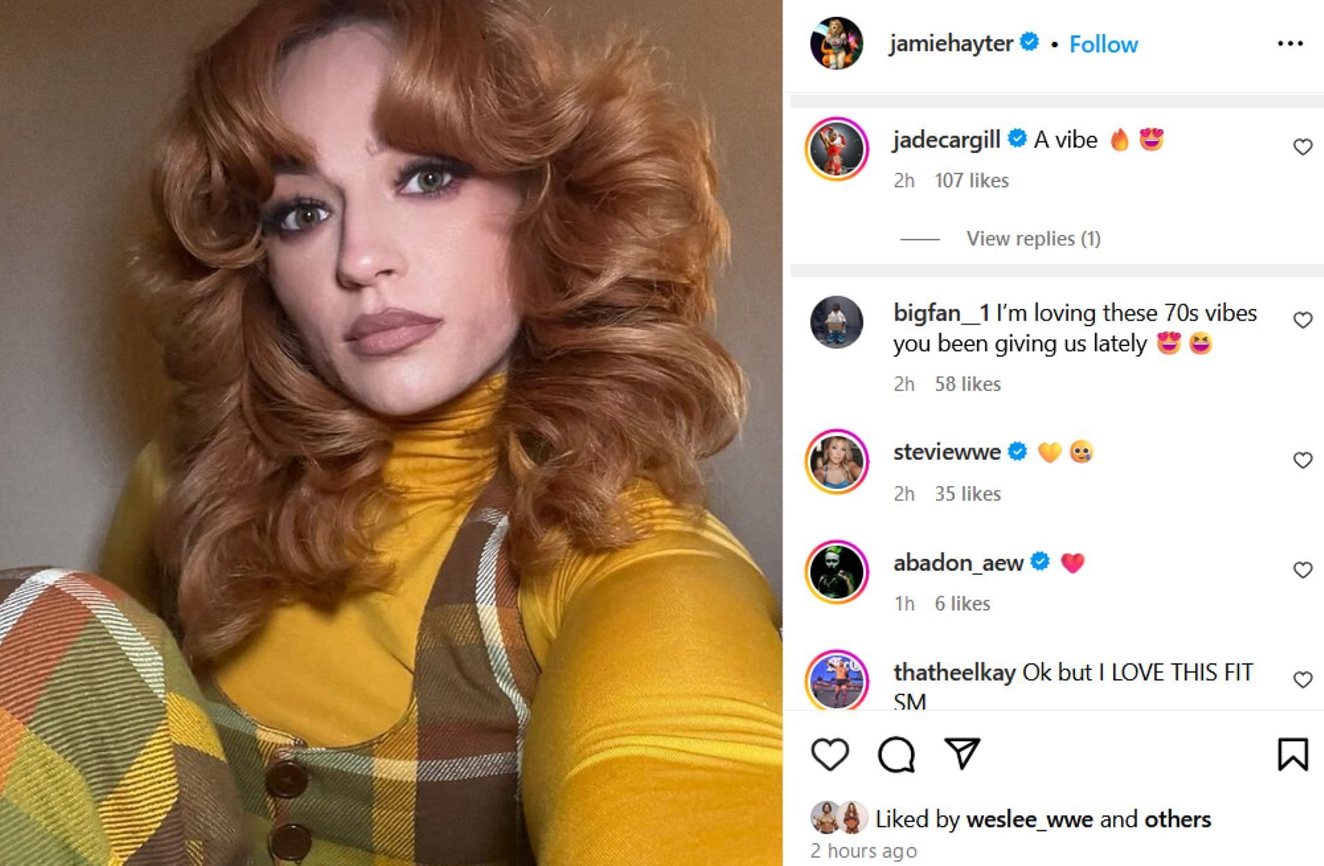 Screenshot of Jade Cargill&#039;s comment to Jamie Hayter (Photo Credit: Jamie Hayter on Instagram)