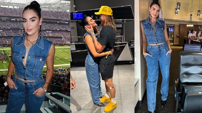 George Kittle's wife Claire styles $3,000 denim outfit for 49ers-Vikings