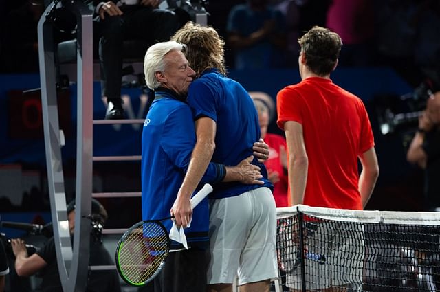 Bjorn Borg hugs Stefanos Tsitsipas at the Laver Cup 2019 (Image: Getty)