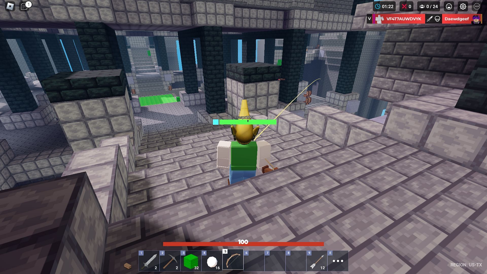 Using a bow to damage the enemy in SkyWars (Image via Roblox)