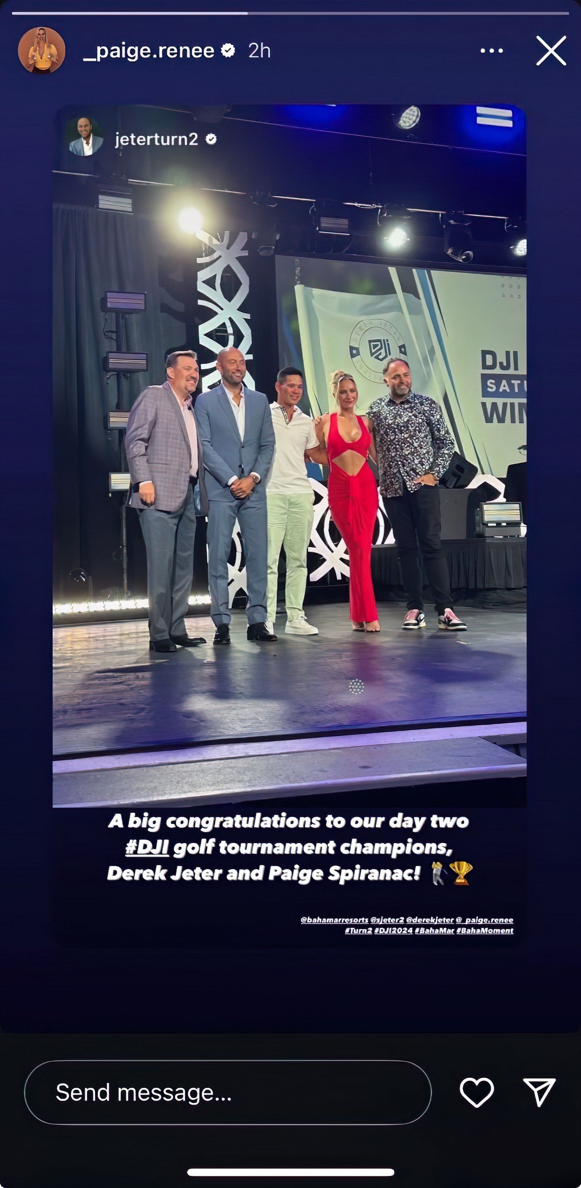 Paige Spiranac wears a red dress on the stage to receive an award. Image via Instagram @paigespiranac