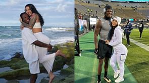 Travis Hunter reacts to fiancée Leanna Lenee's custom corset and denim shorts look from Week 3 game: "My stinky booty"