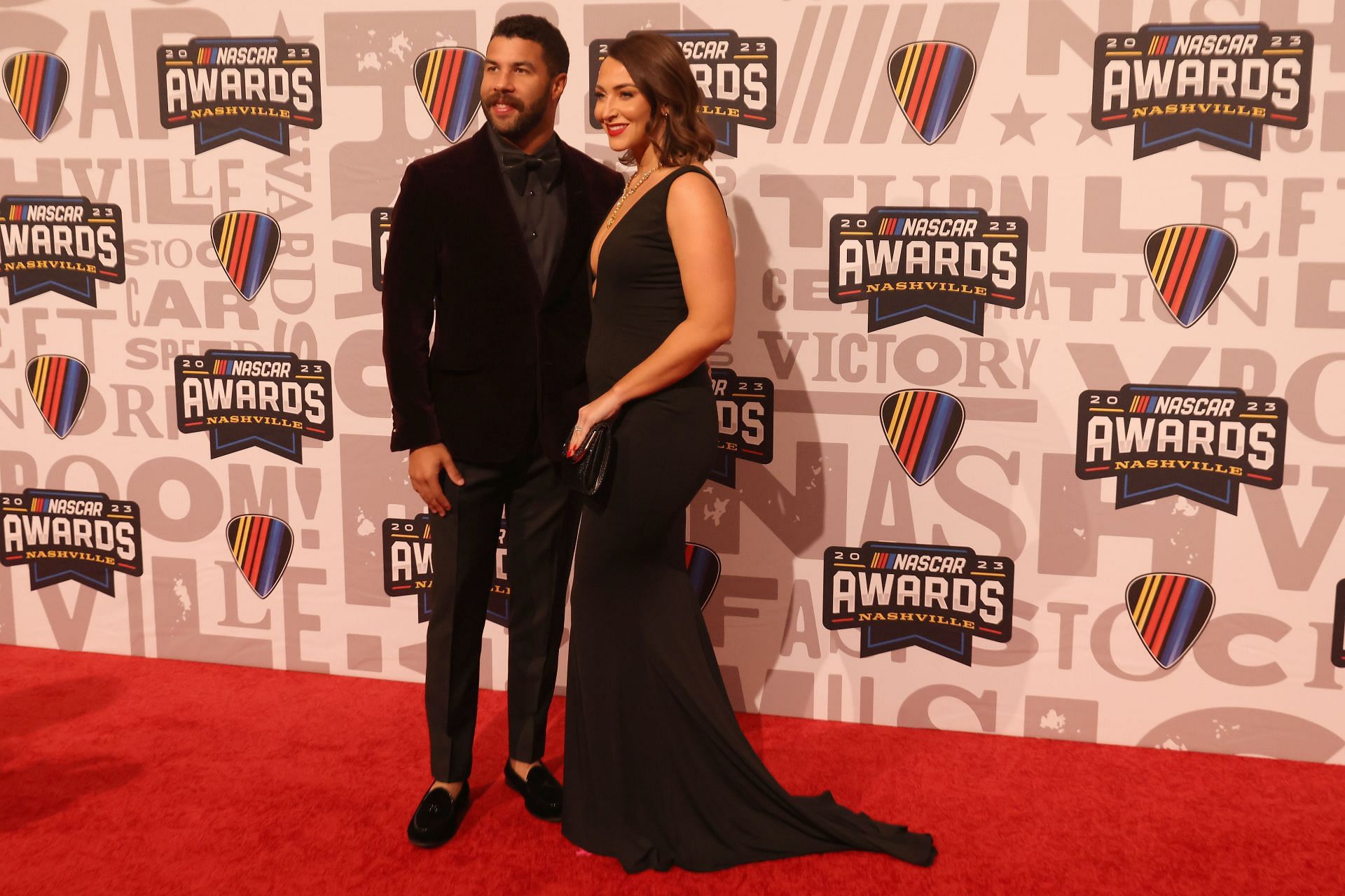 NASHVILLE, TN - NOVEMBER 30: NASCAR Cup Series driver Bubba Wallace (23) and wife Amanda Wallace on the red carpet at the NASCAR Awards Celebration. Source: Getty Images