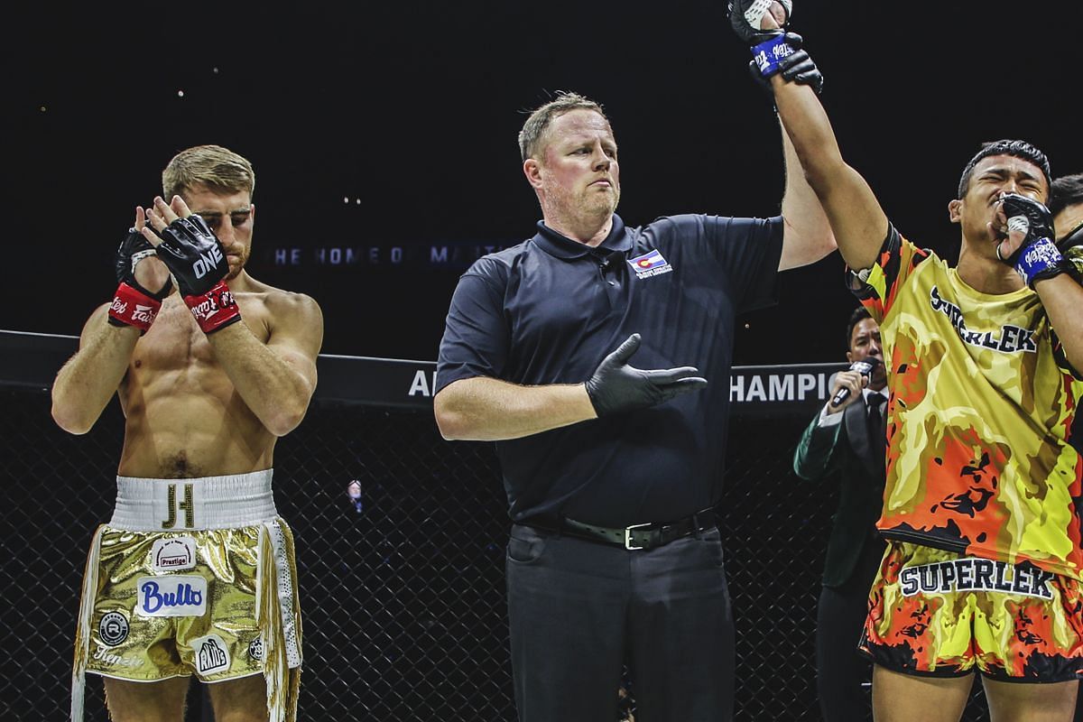 Jonathan Haggerty looks on as Superlek is declared the winner at ONE 168: Denver. [Photo via: ONE Championship]