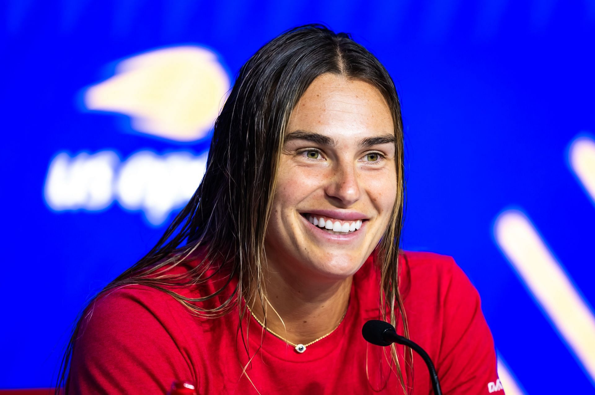 Aryna Sabalenka pictured talking to the press [Source: Getty]