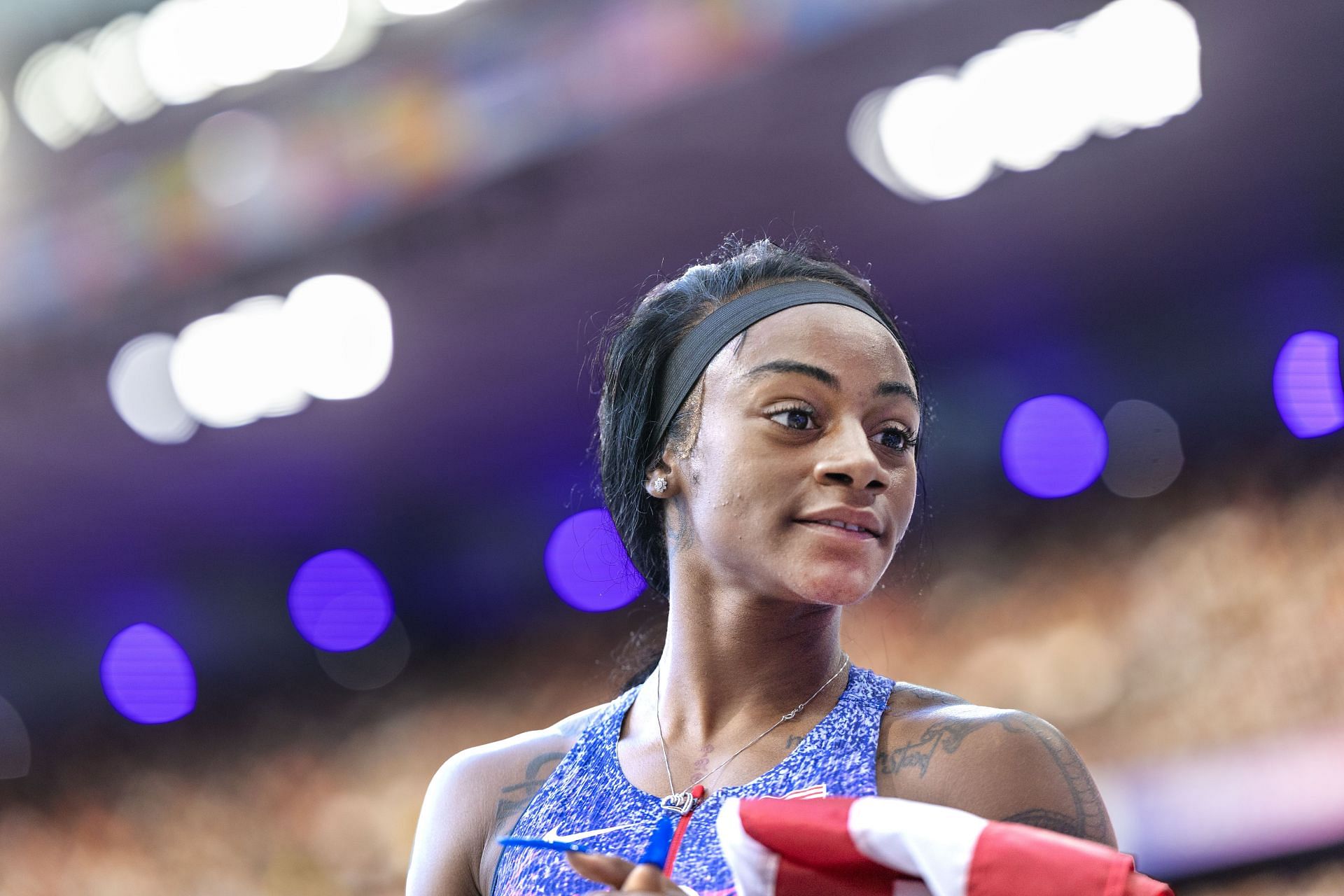 Sha&#039;carri Richardson after the team&#039;s gold medal victory in the Women&#039;s 4 x 100m Relay Final during the 2024 Summer Olympic Games in Paris, France. (Photo via Getty Images)