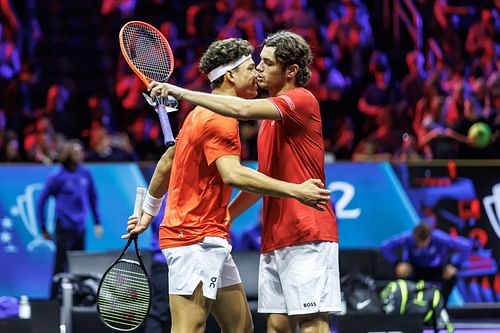 Taylor Fritz and Ben Shelton celebrate their win on Day 1 of the 2024 Laver Cup (Picture: Getty)