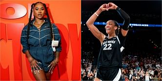 Jordan Chiles reps A'ja Wilson’s Team USA jersey while biting a big pizza slice