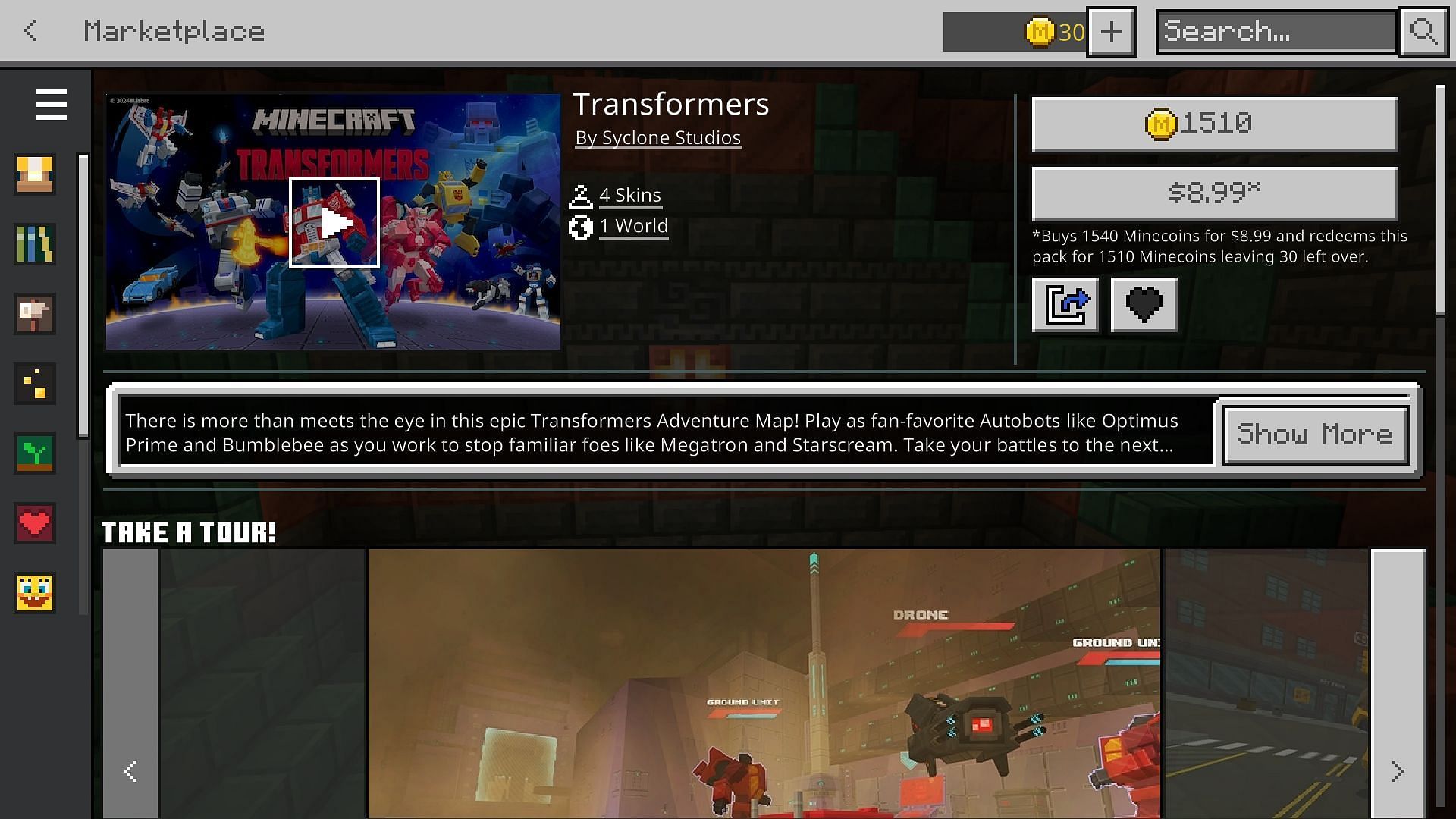 The Transformers DLC can be downloaded from the Minecraft Marketplace (Image via Mojang)