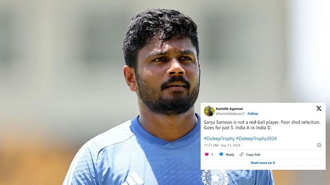 "Sanju Samson is not a red-ball player" - Fans react as RR captain departs for just 5 in IND A vs IND D 2024 Duleep Trophy match
