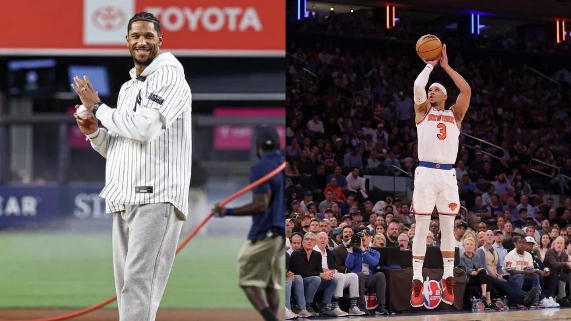 New York Knicks star Josh Hart receives a special No. 32 jersey from the New York Yankees. Photo Credits: Imagn