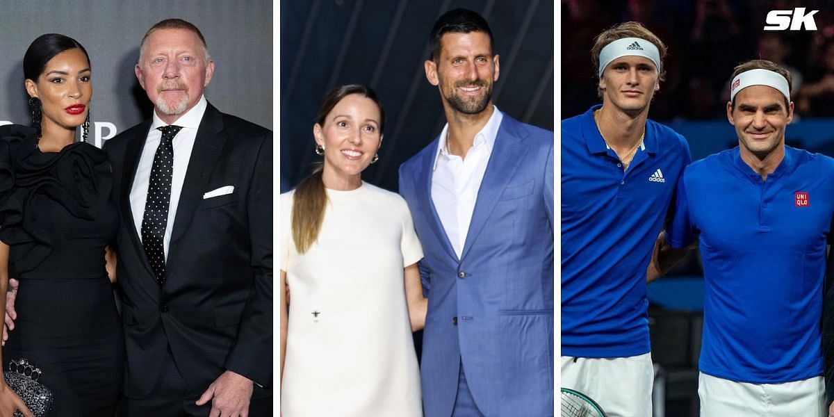 (Left to Right) Lilian de Carvalho Monteiro, Boris Becker, Jelena Djokovic, Novak Djokovic, Alexander Zverev, Roger Federer (Source: Getty Images)