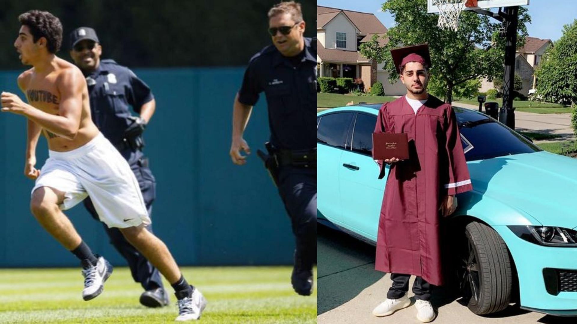 Nathan streaking during the Detroit Tigers vs. Minnesota Twins baseball game (left) and an image of him posing next to his Jaguar after graduating high school (Images via Nathan Narra/Facebook)