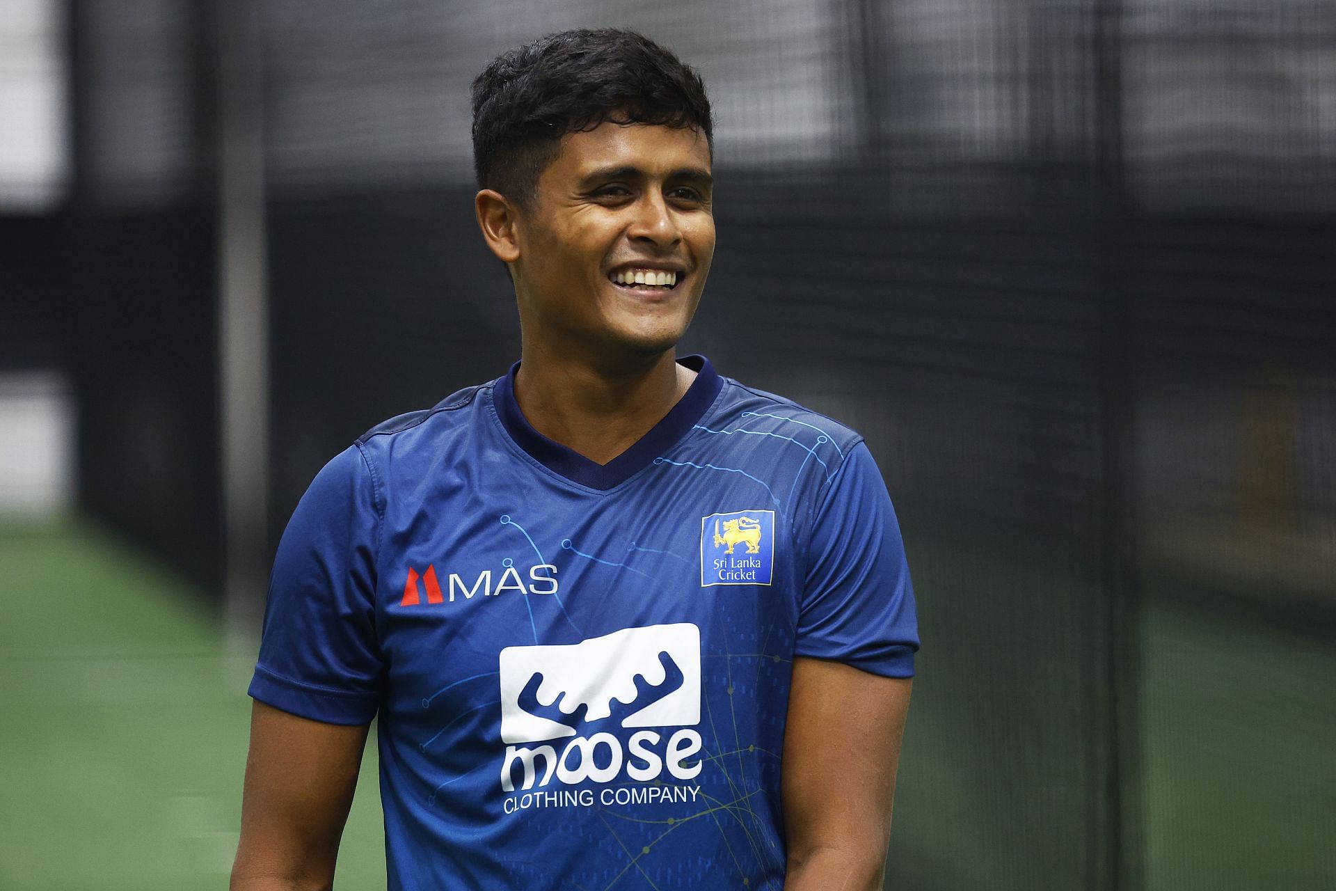 Jeffrey Vandersay of Sri Lanka reacts during a Sri Lanka ICC 2022 Men's T20 World Cup nets session at Junction Oval on October 13, 2022 in Melbourne, Australia.