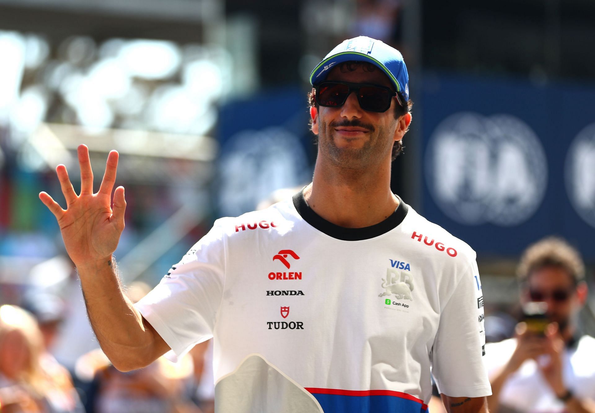 Daniel Ricciardo waves to the fans prior to the F1 Grand Prix of Azerbaijan at Baku City Circuit on September 15, 2024 (Source: Getty)