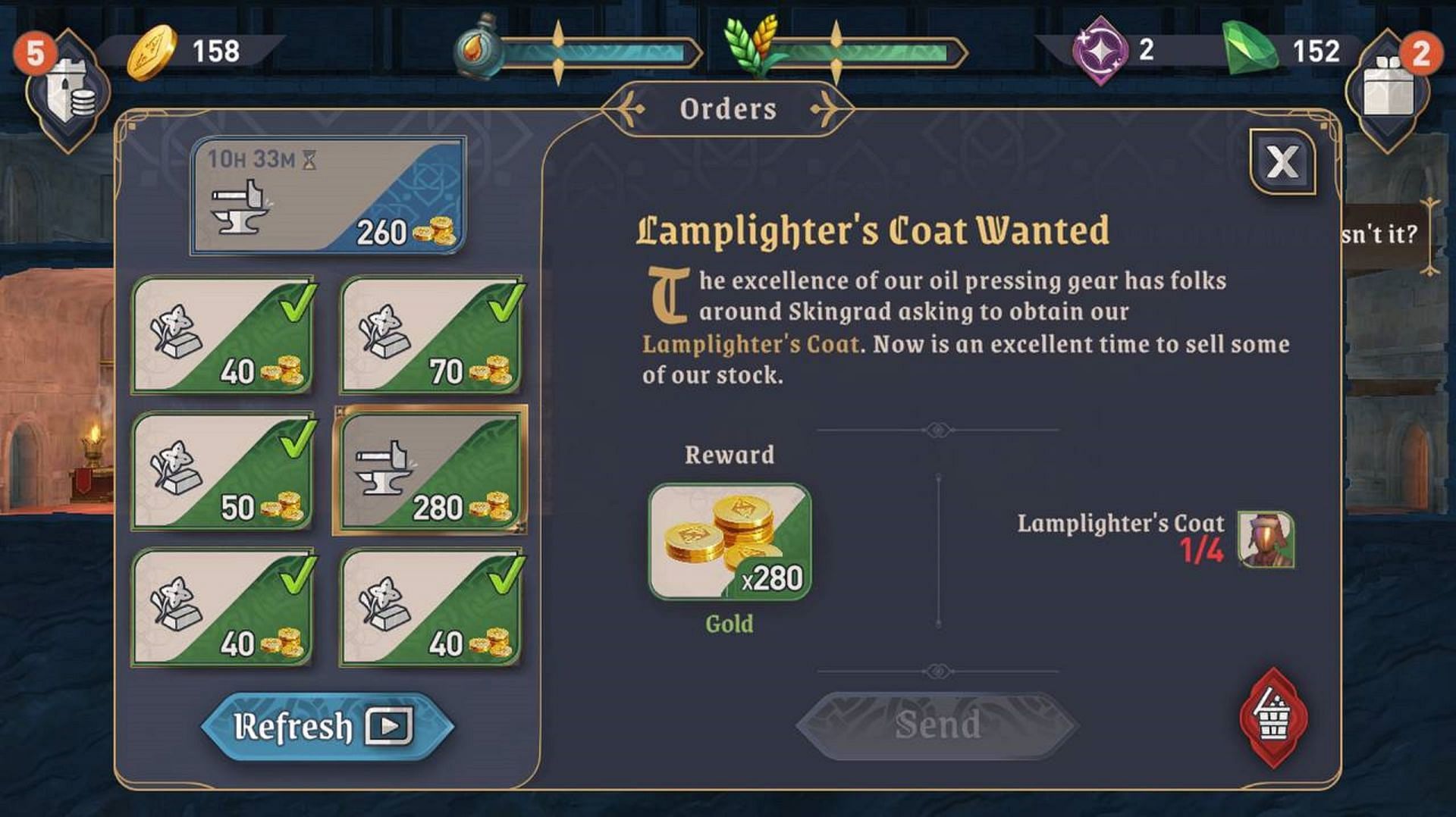 Earning 280 Gold coins by selling four Lamplighter&#039;s coats (Image via Bethesda Softworks)