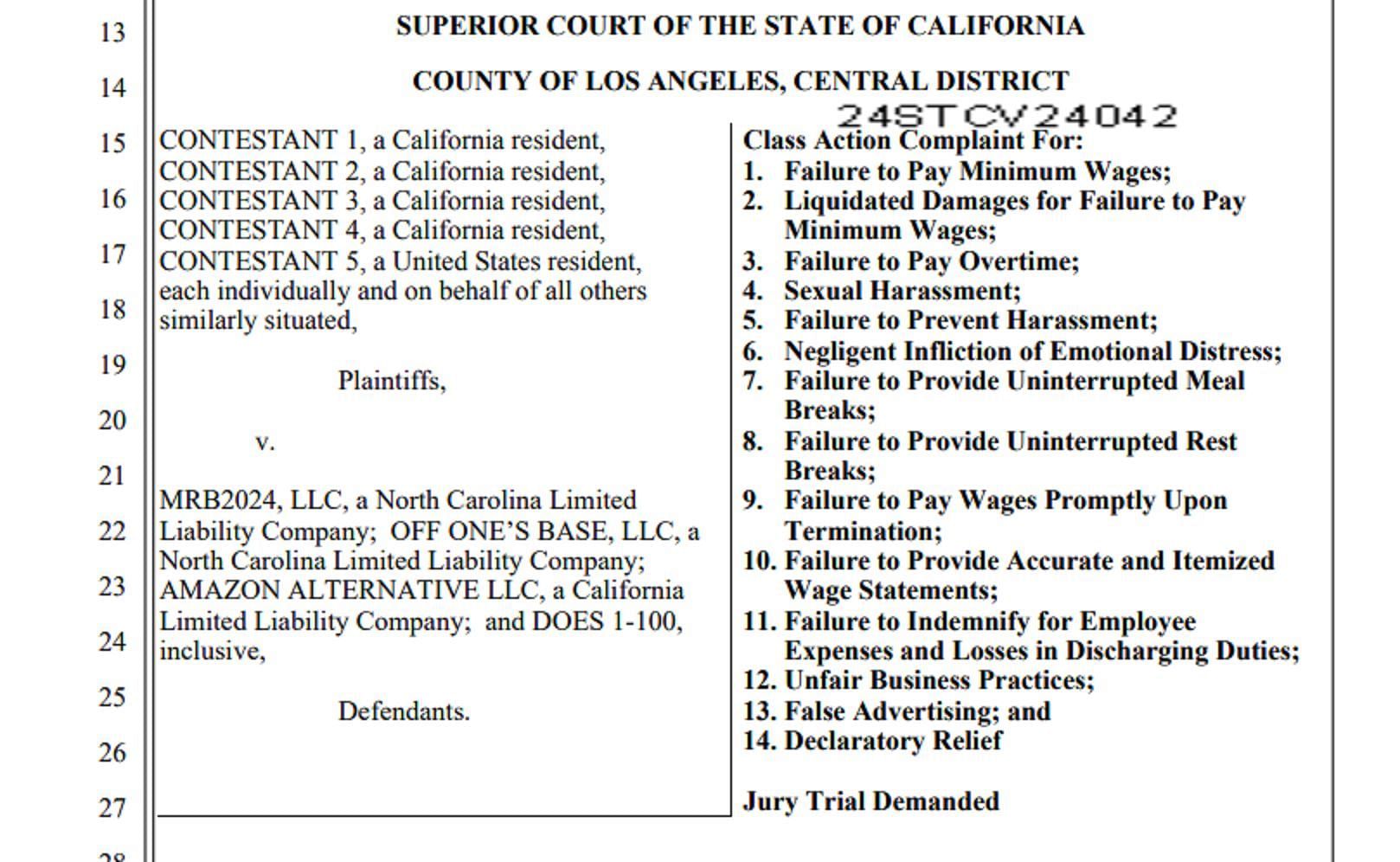 List of allegations mentioned in the lawsuit (Image via Superior Court of the State of California)