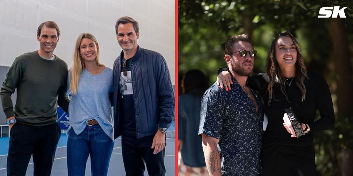 (Left to Right) Rafael Nadal, Maribel Nadal, Roger Federer, Georgios Frangulis, Aryna Sabalenka (Source: @mariabel_nadal on Instagram; Getty Images)