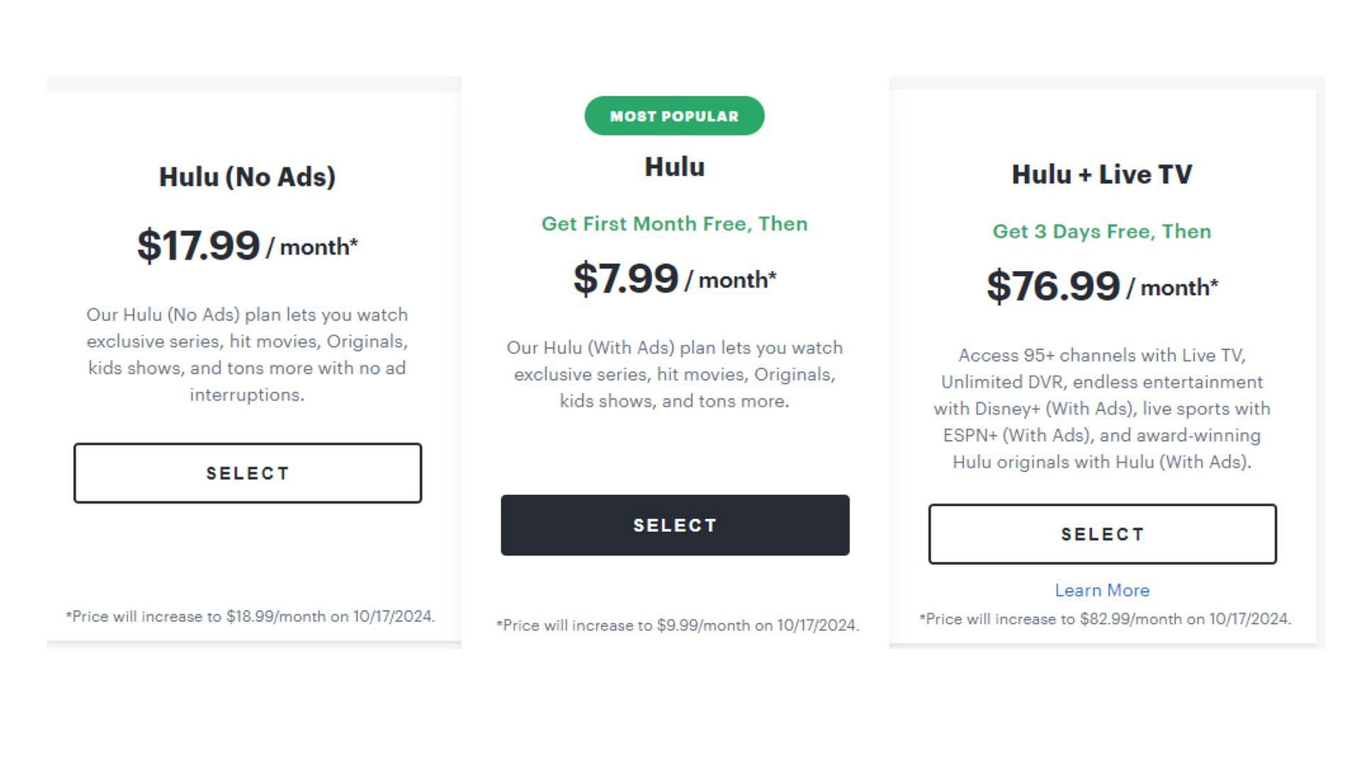 A detailed price breakdown of the platform (Image via Hulu)