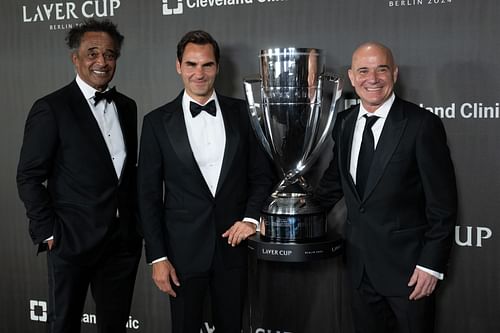 Yannick Noah (l-r), Roger Federer and Andre Agassi at the Laver Cup Opening Night (Image: Getty)