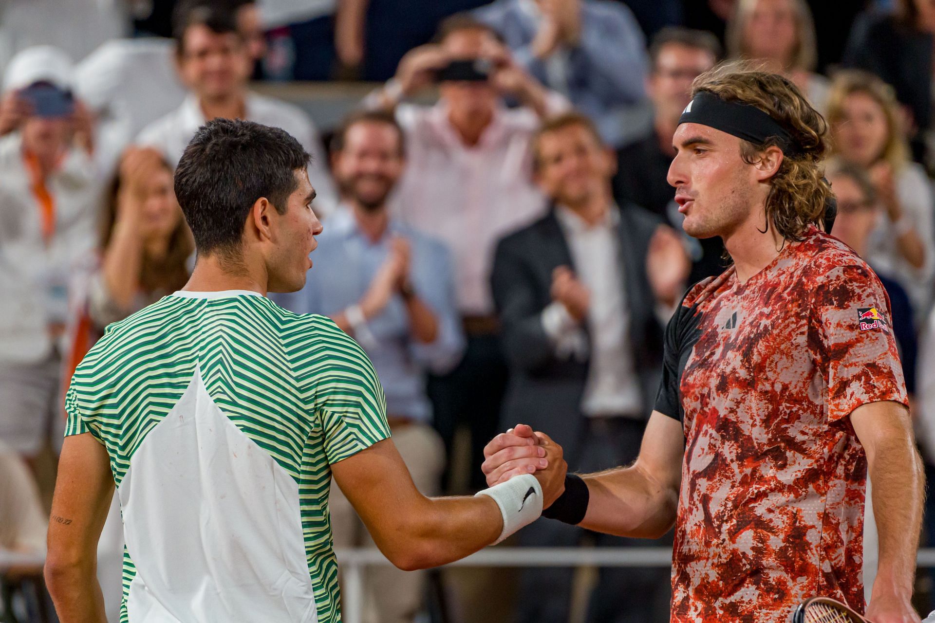 Carlos Alcaraz (L) and Stefanos Tsitsipas at the 2023 French Open (Image: Getty)