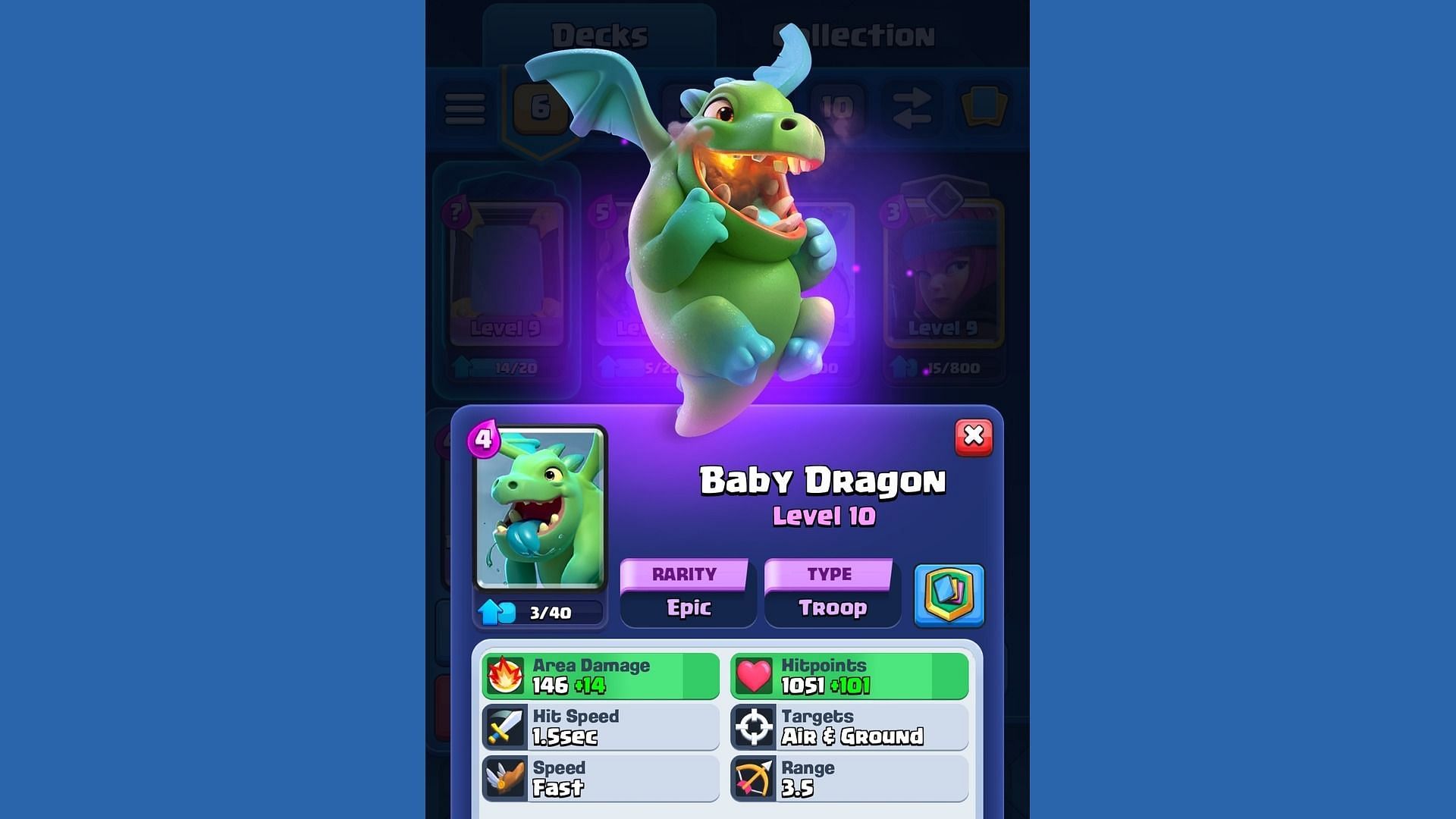 Stats of a level 10 Baby Dragon (Image via Supercell)