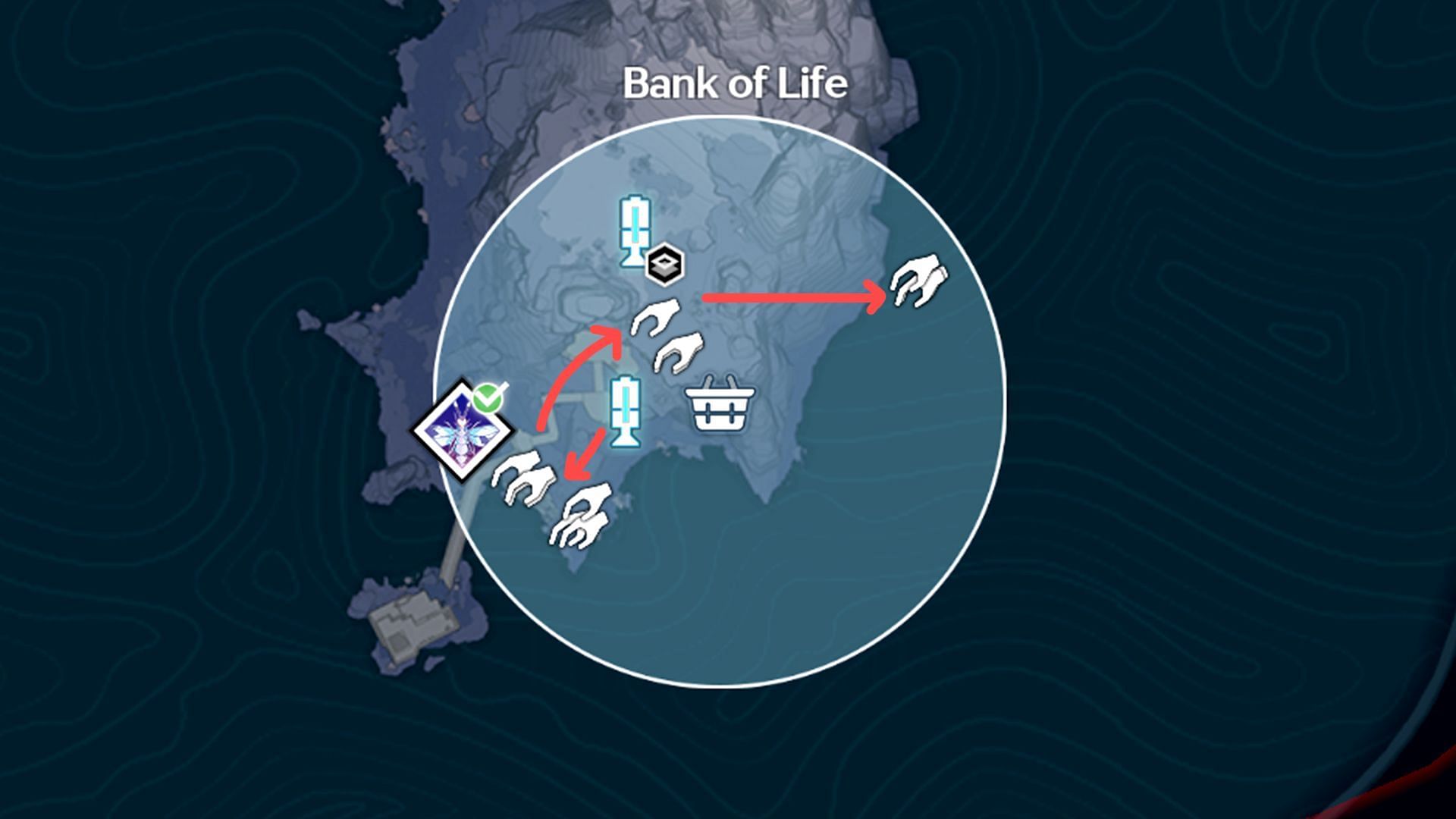 All Nova locations and farming route in the Bank of Life area (Image via Kuro Games)