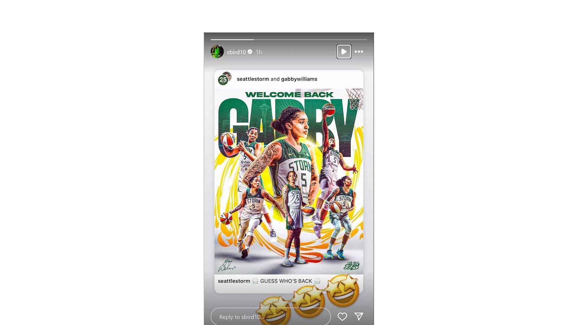 S. Bird posts a message on Instagram after Gabby Williams re-signed with the Seattle Storm: Photo Credit: Sue Bird&#039;s IG account