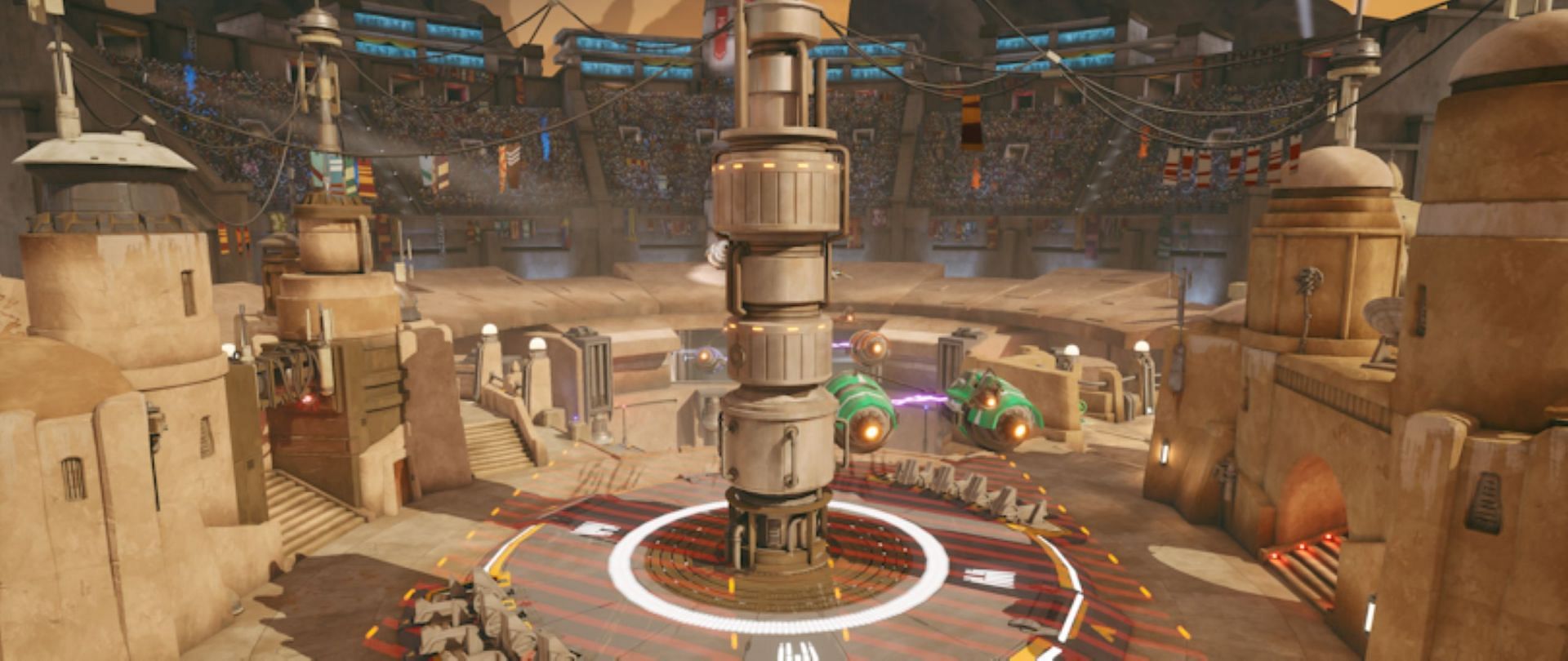 This Tatooine-inspired arena map has repulsor pods flying around the map (Image via Zynga)