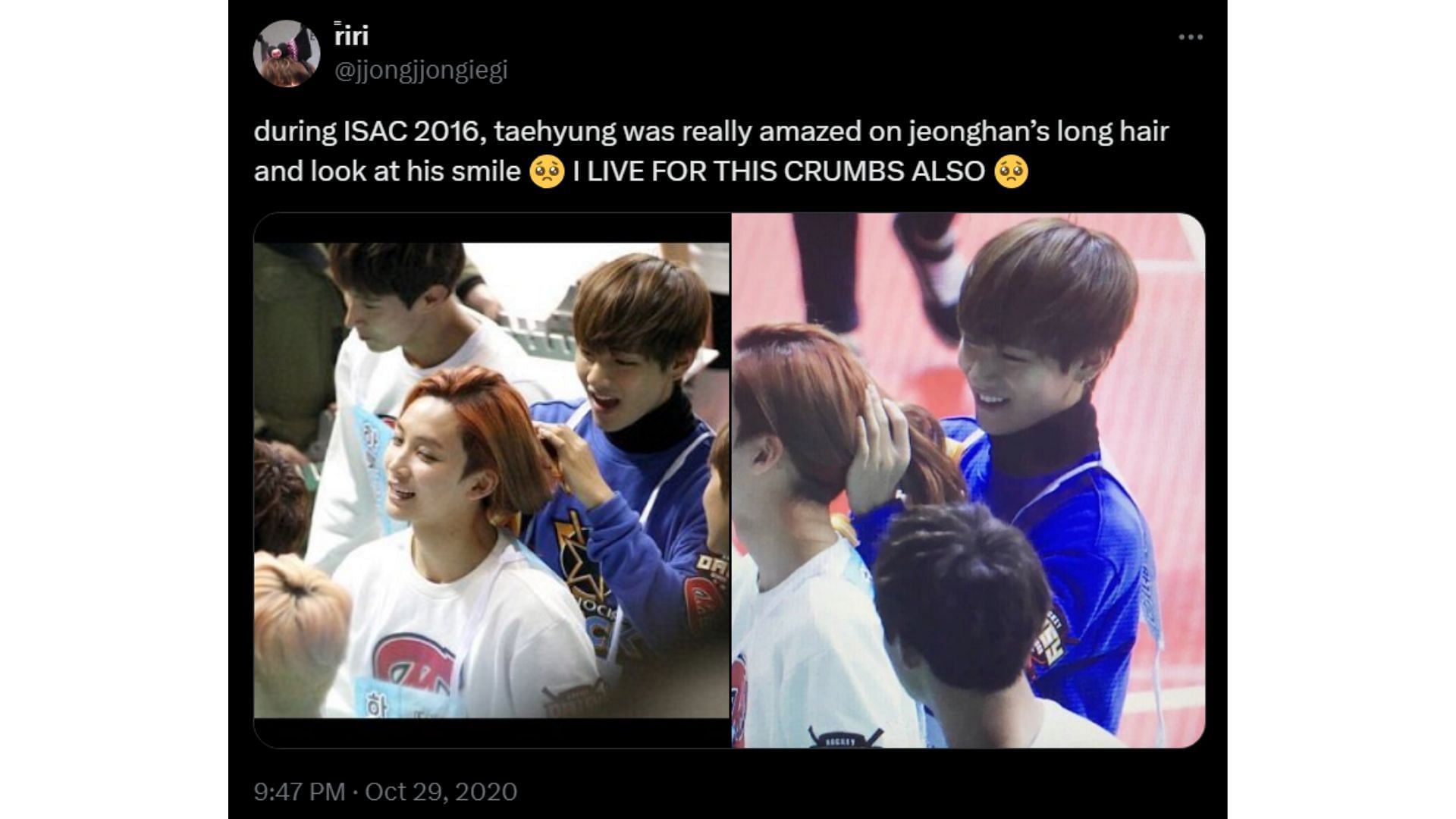 BTS&#039; V was seen tying up SEVENTEEN&#039;s Jeonghan&#039;s long hair at ISAC. (Image via X/ @jjongjjongiegi)