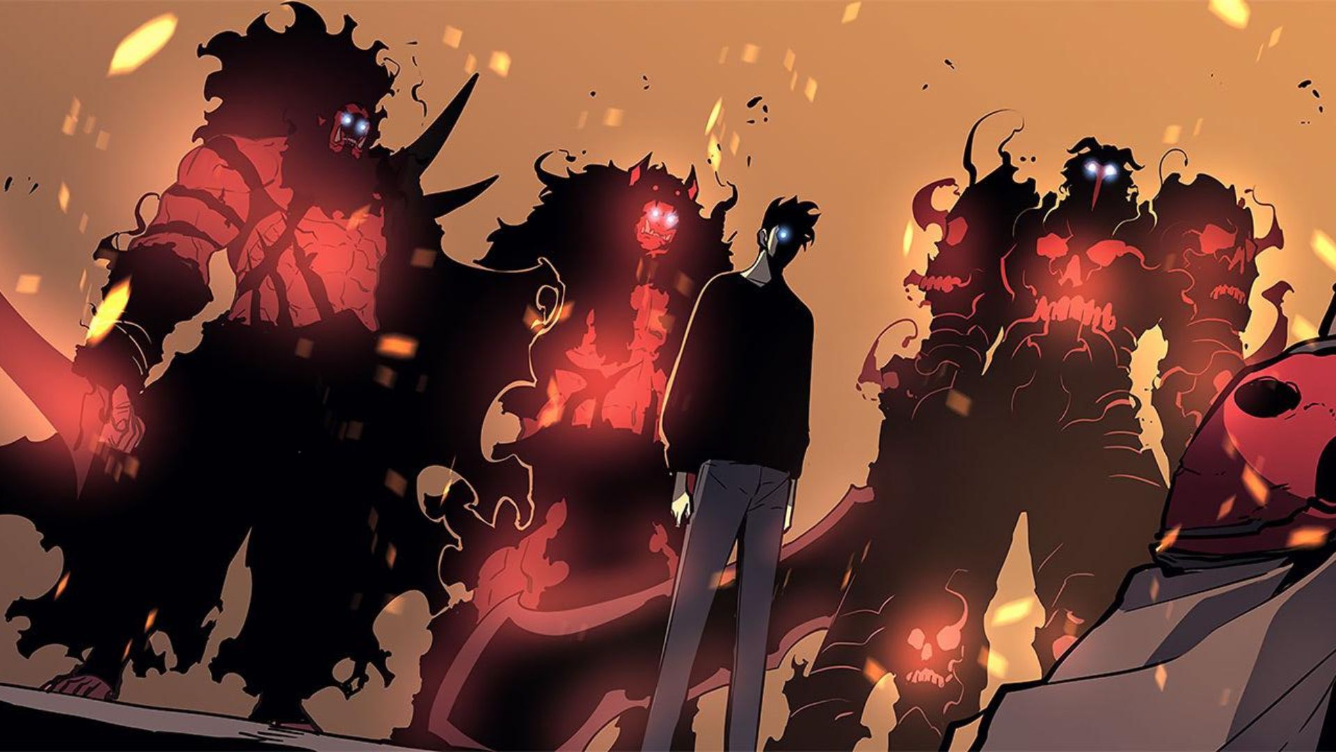 Sung Jin Woo and The Orc Generals as shown in the manhwa (Image via Chugong, D&amp;C Media)