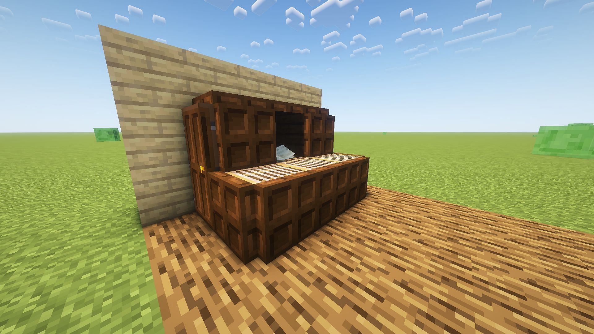 The base build of the Minecraft piano using dark oak wood blocks (Image via Mojang)