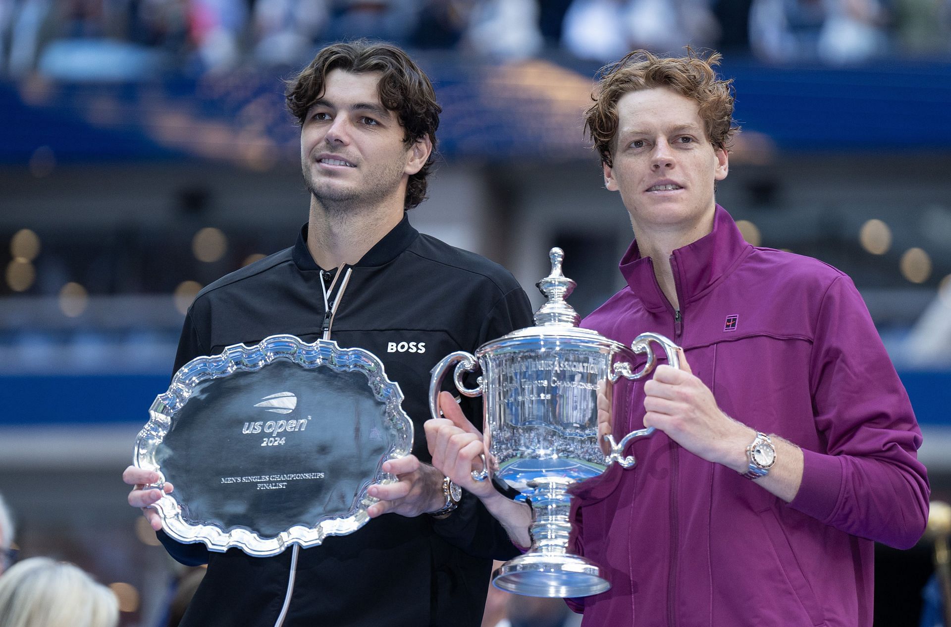 Taylor Fritz (L) and Jannik Sinner (R) during the 2024 US Open men&#039;s singles final trophy presentation ceremony (Source: Getty)