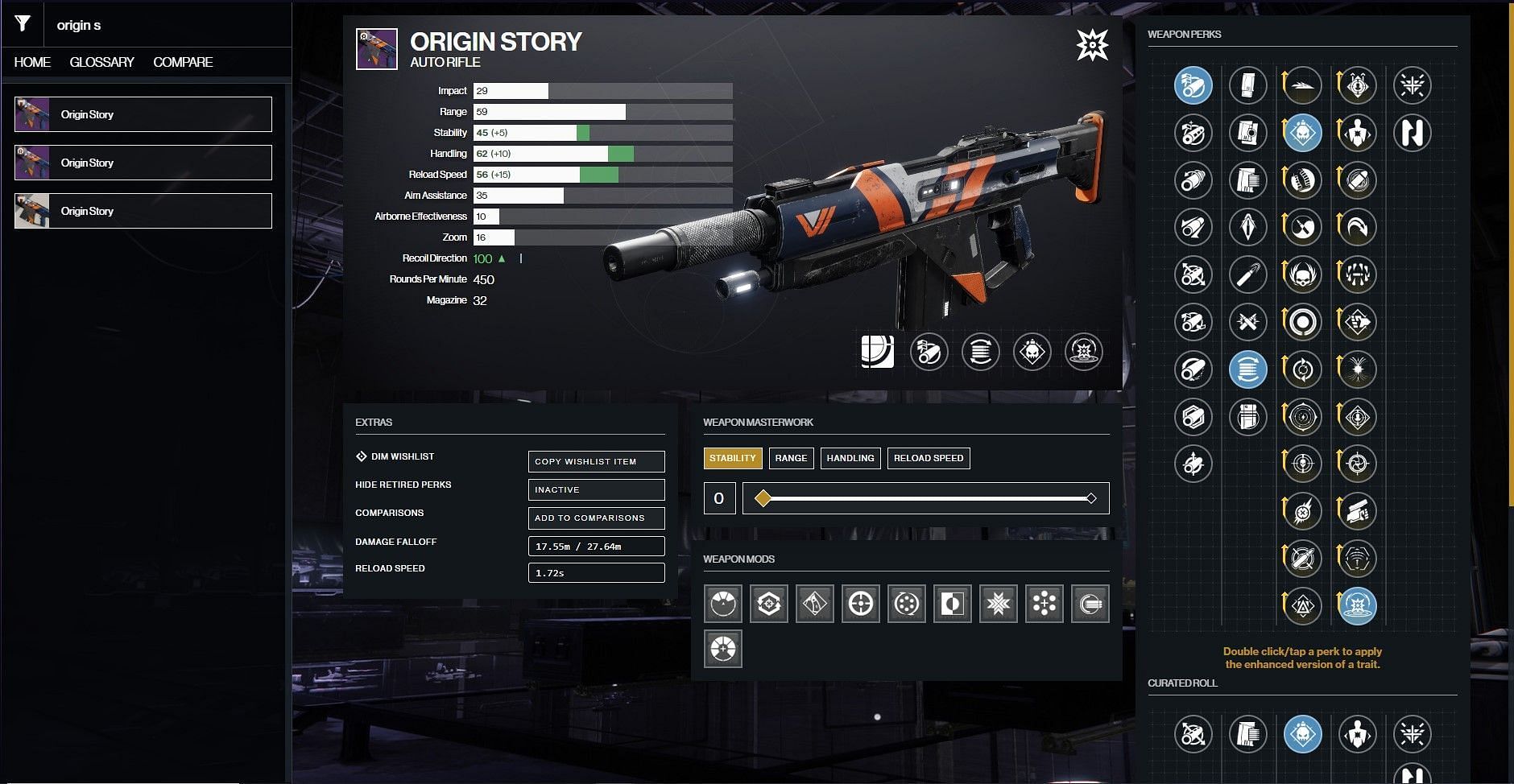 Origin Story PvE god roll (Image via D2Gunsmith/Bungie)