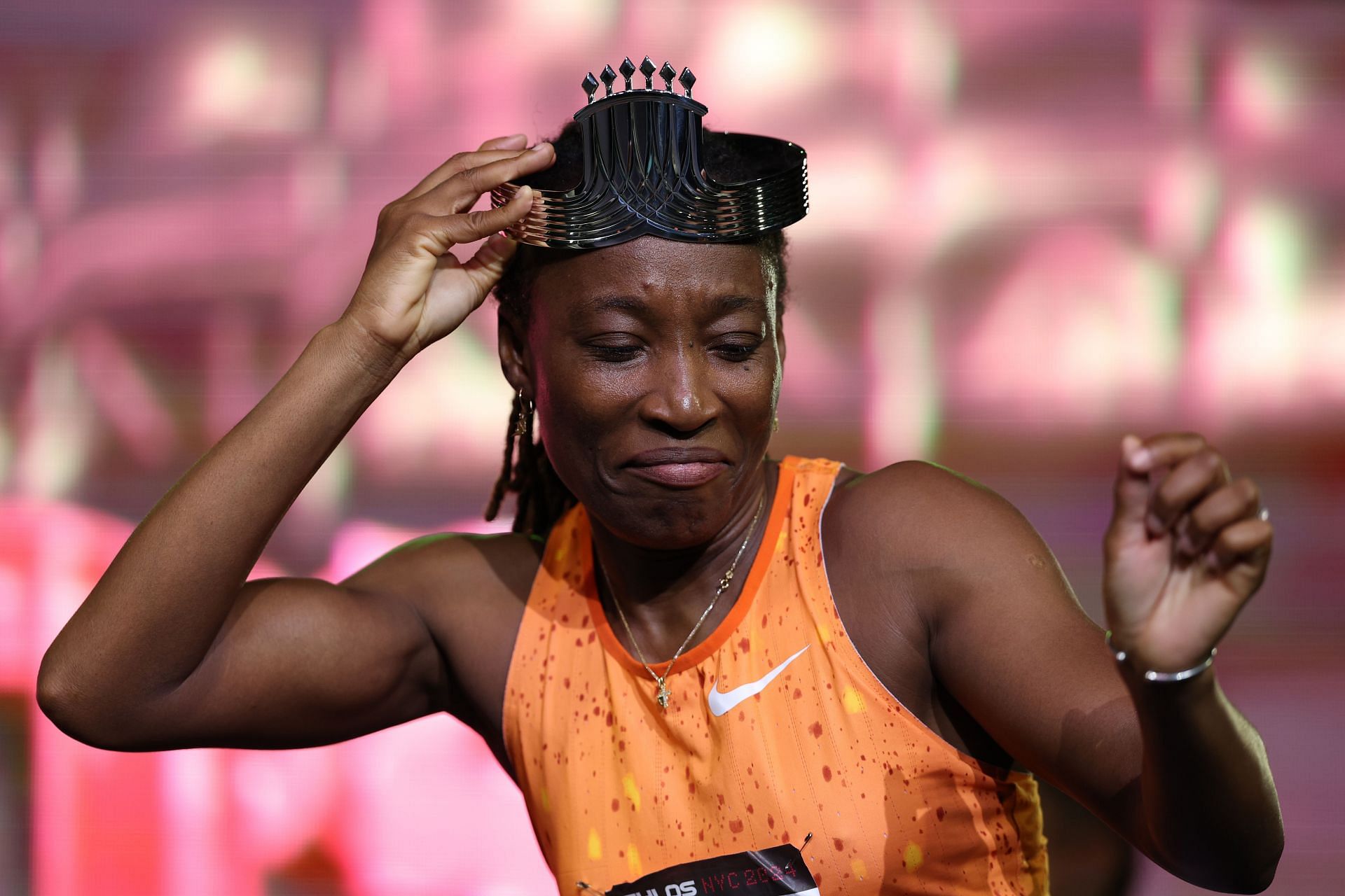 Marie-Josee Ta Lou-Smith of Ivory Coast celebrating her victory at the Athlos NYC meet [Image Source: Getty]