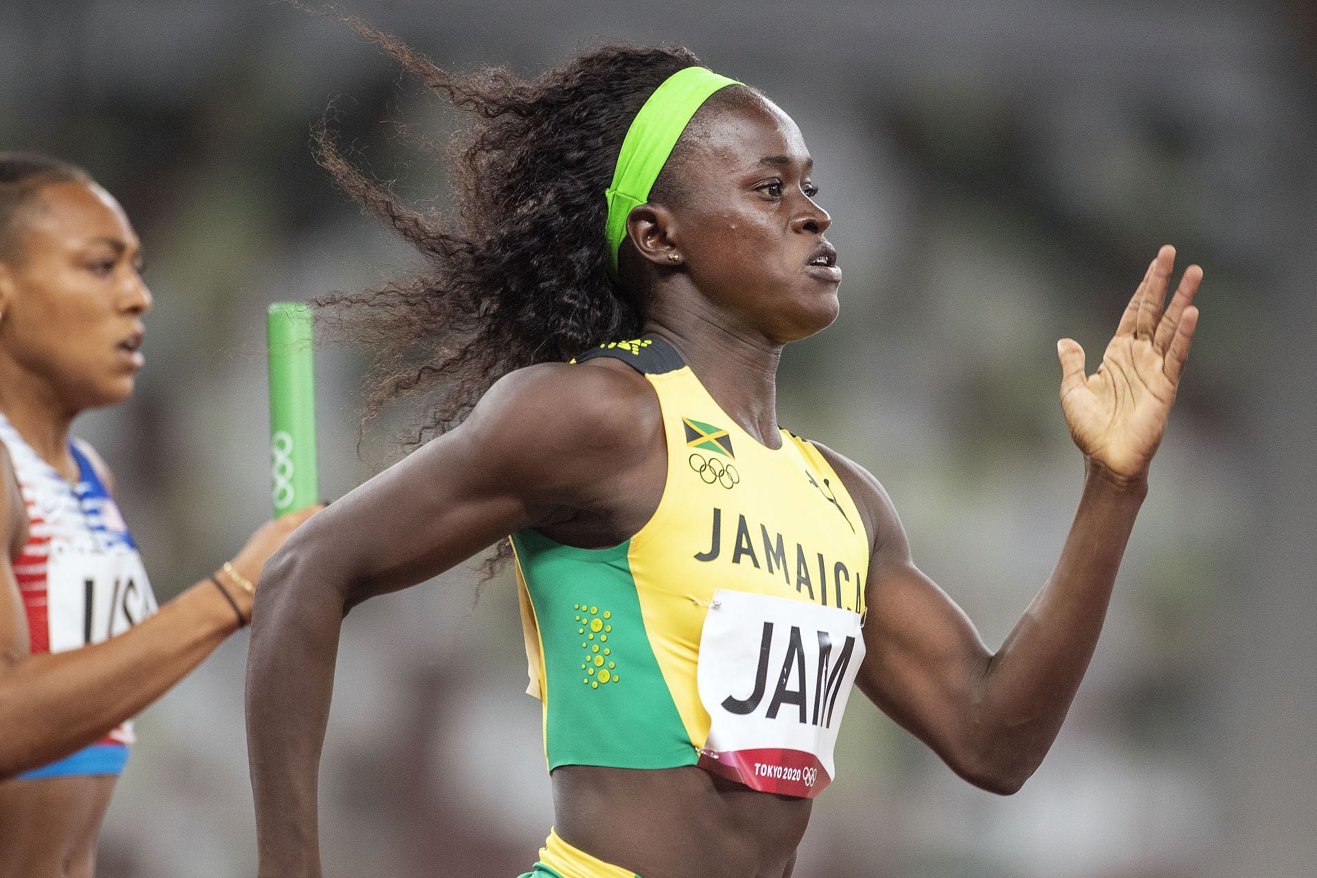 Junelle Bromfield of Jamaica during the women&#039;s 4x400m relay preliminaries at the Tokyo Olympics [Image Source: Getty]