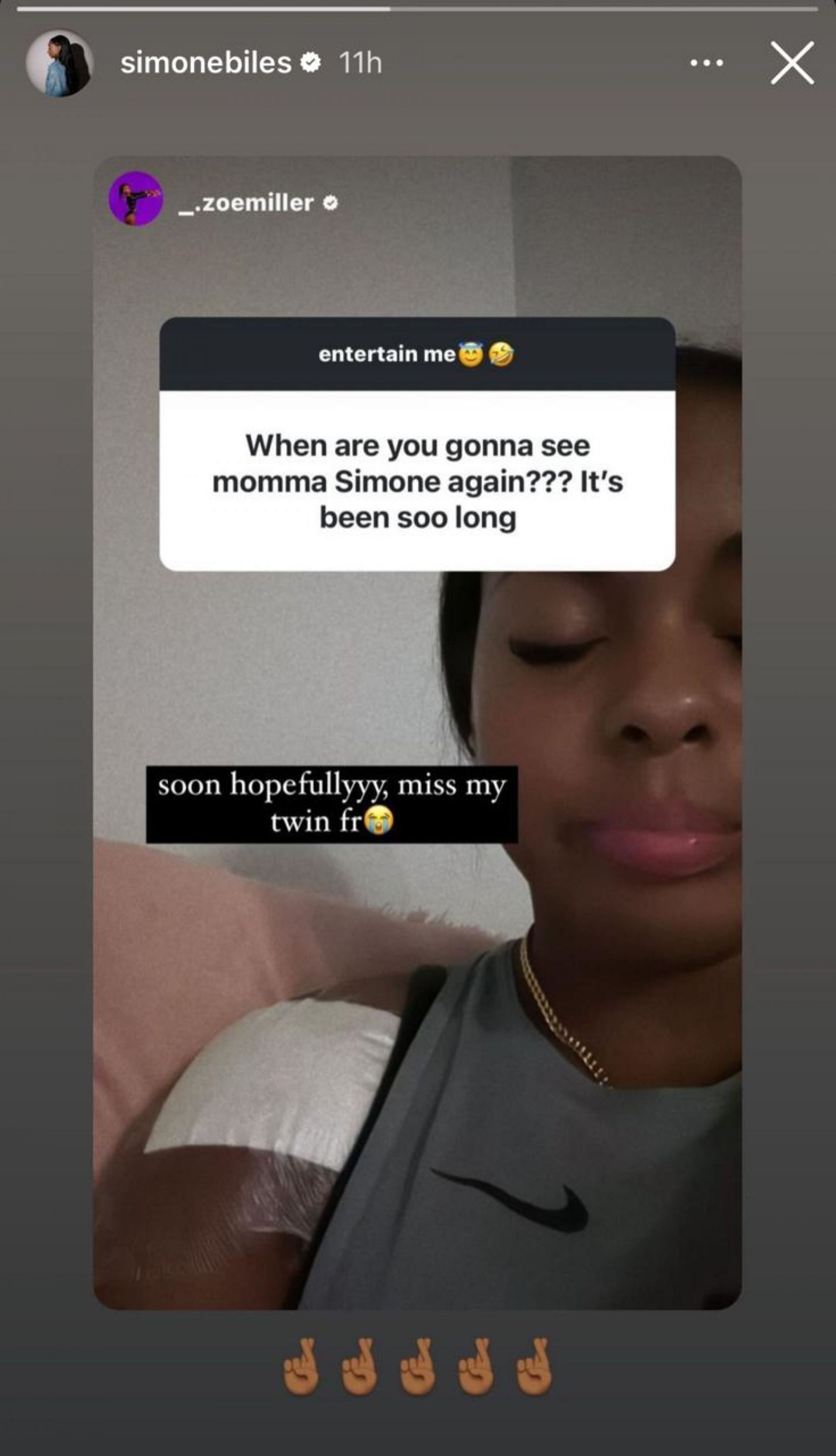 Simone Biles reacts to Zoe Miller&#039;s story; Instagram - @simonebiles