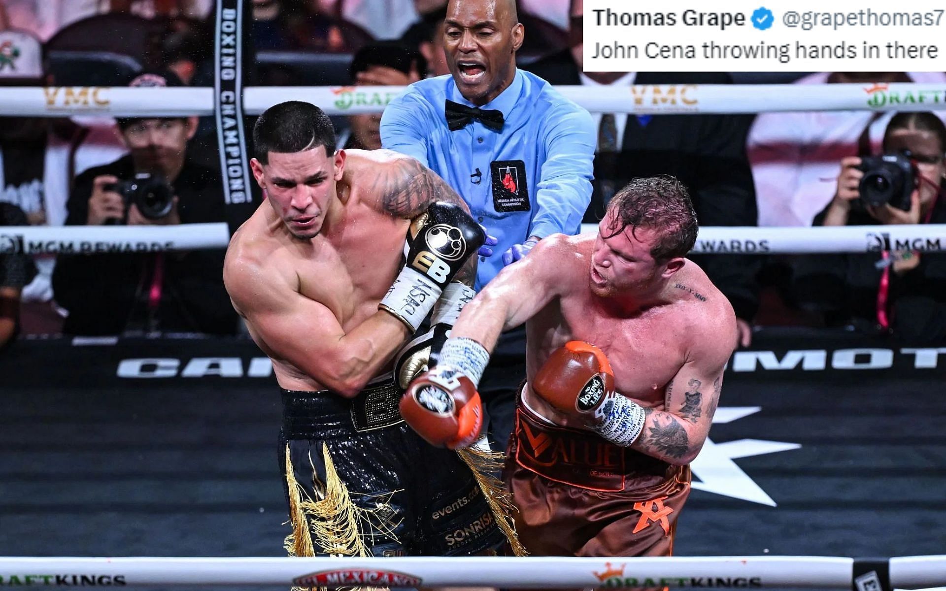 Referee Harvey Dock (middle) takes tumble during Edgar Berlanga (left) and Canelo Alvarez (right) fight, causing hysterics from fans [Image courtesy: Getty Images]