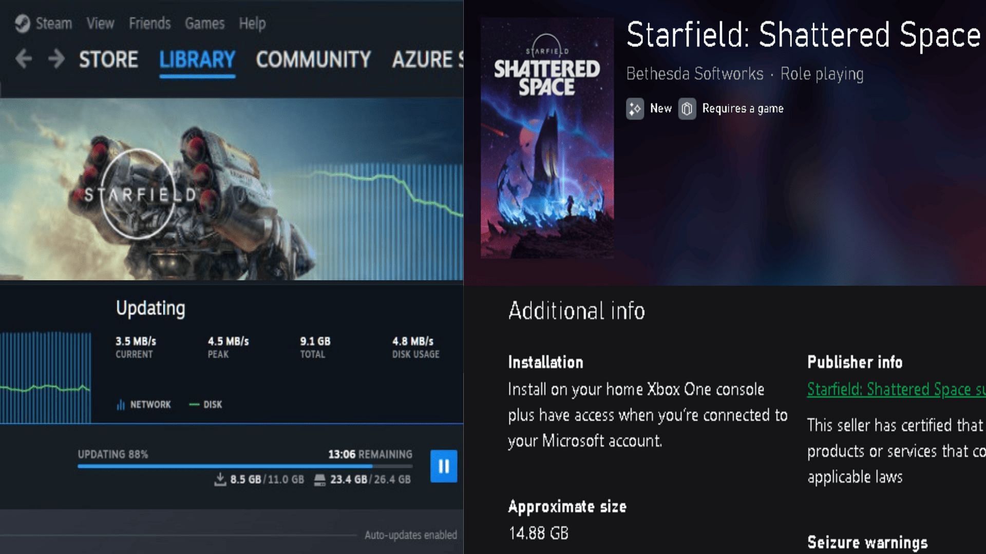 Shattered Space install size on Xbox and PC (Image via Steam/Microsoft/Bethesda)