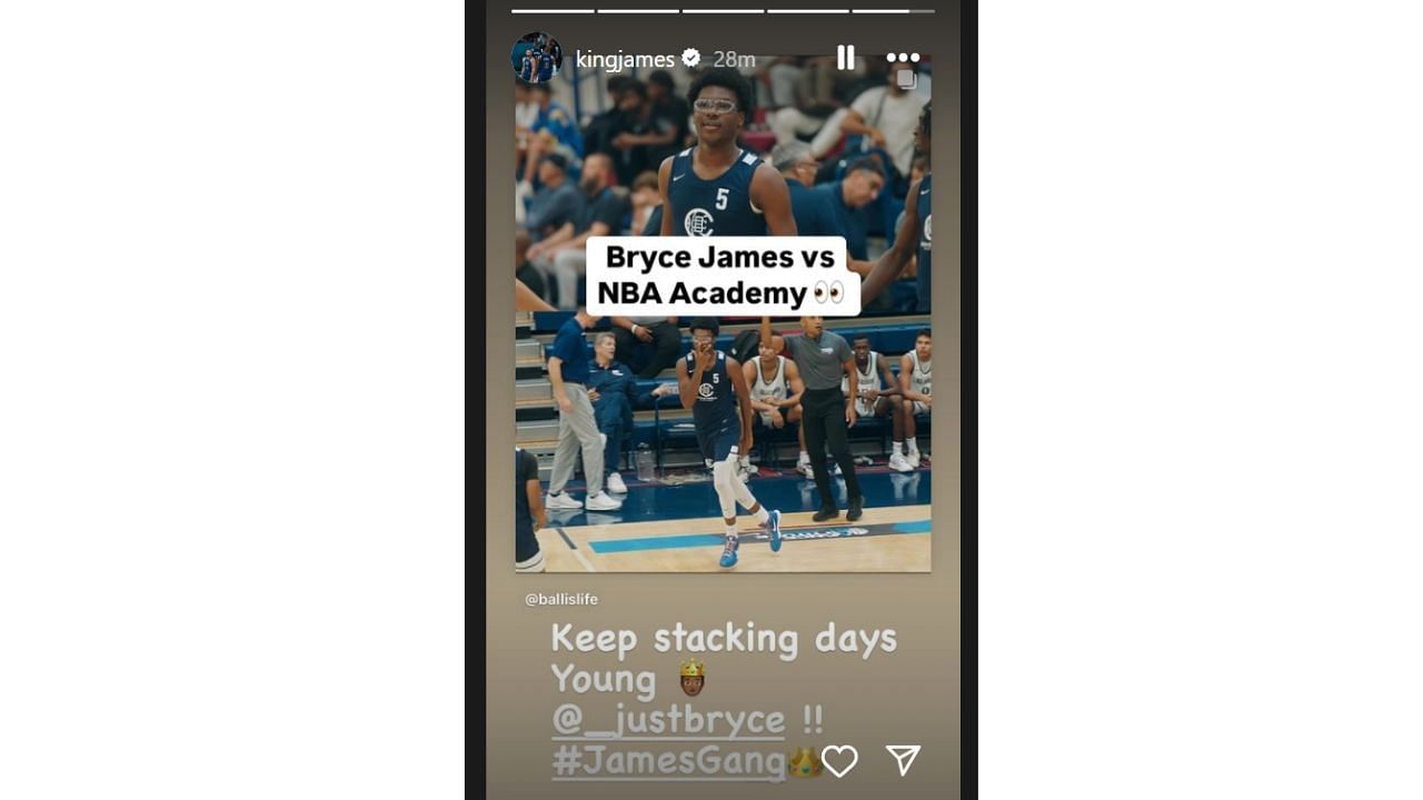 LeBron James reacts to Bryce James' highlights against NBA Academy. [photo: @kingjames/IG]